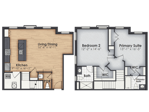 Floor plan for 2 beds, 2.5 baths, 1293 sqft